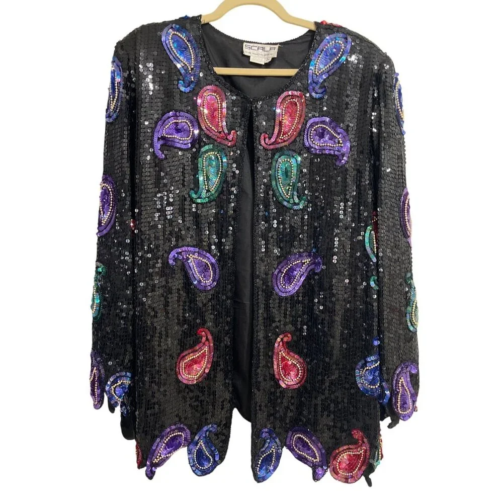 Vintage Scala Sequin Silk Jacket Paisley Beaded Black Purple Pink Blazer Size 2X - Picture 1 of 10